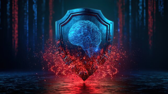 A glowing digital brain hovers above a futuristic shield with red sparks bursting around, set against a dark, high-tech background.