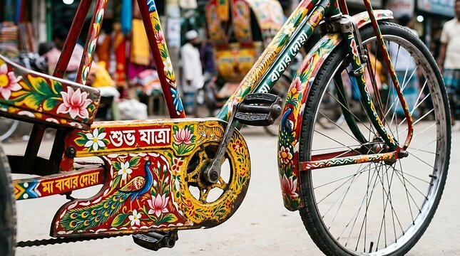 Colorful decorated bicycle rickshaw on street