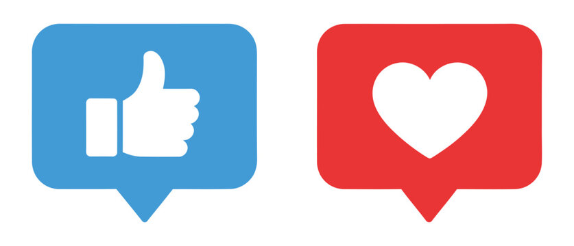 Social media like and love reaction icons set with thumbs up and heart symbols in speech bubbles vector isolated on white background