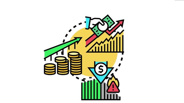 Graphic displaying financial market trends with an upward revenue arrow, currency investing hand, rising coins, and a downturn risk with a dollar sign decrease and warning flame