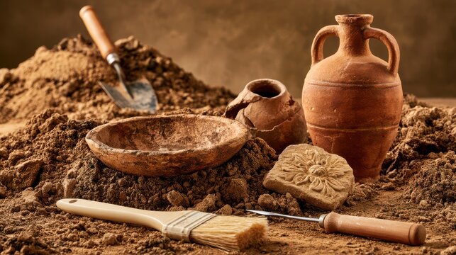 Excavated ancient pottery and artifacts partially buried in soil with archaeological tools including a brush and trowel.