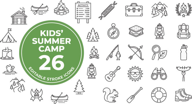 Set of twenty six summer camp line icons with s on transparent background Editable Stroke.