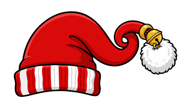 Red santa hat with striped rim and golden bell pompom vector illustration