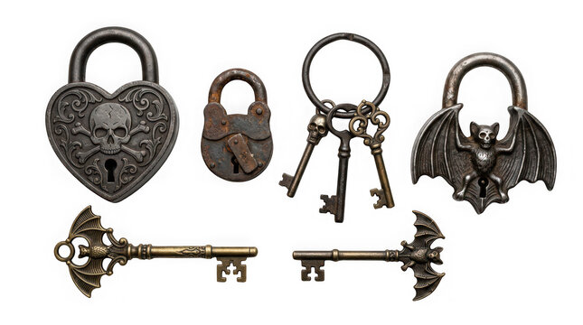 Antique gothic locks and keys collection with skull and bat designs isolated on transparent background