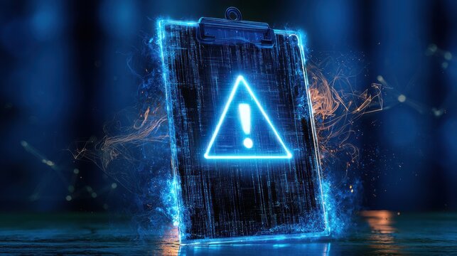 A glowing digital clipboard displays a neon warning sign with an exclamation mark, surrounded by sparks and electric light effects on a dark background.