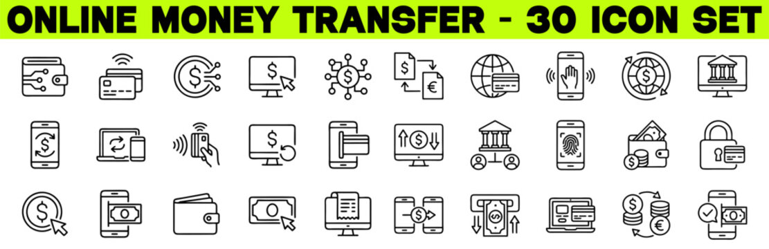 Online Money Transfer Line Editable Icon Set &ndash; Transaction, Banking, Payment Vector Illustration with Editable Stroke