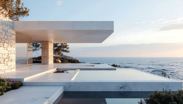 Modern seaside villa with infinity pool and ocean view at sunset