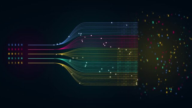 Data flow visualization with binary code streams and digital particles on dark background