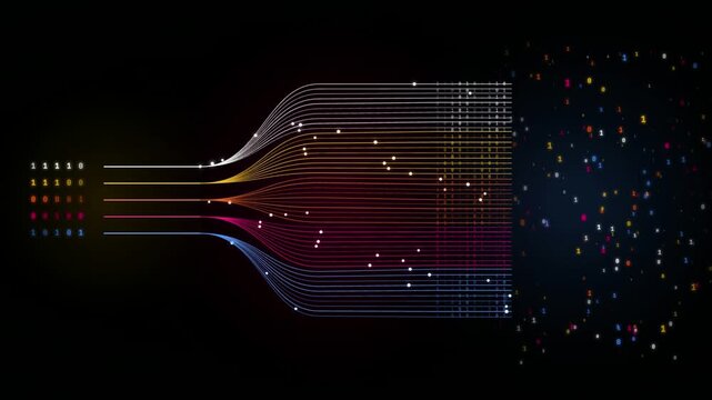 Data processing and binary code transformation visualization on dark background