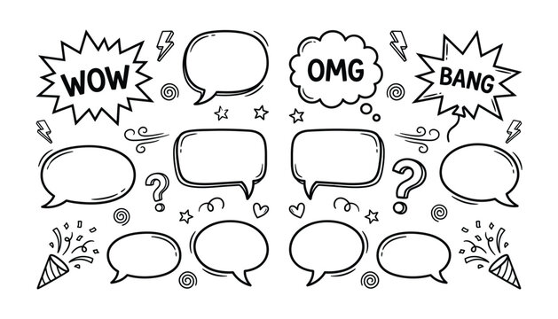 Set of hand drawn comic speech bubbles and sound effects