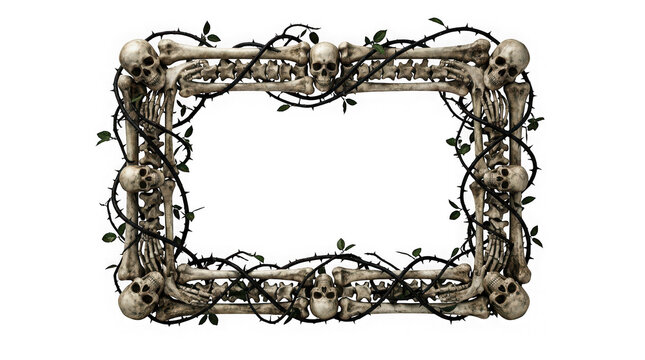 Macabre skeletal frame with human skulls and bones intertwined with thorny branches, isolated on transparent background