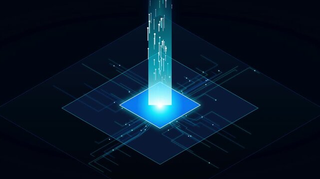 Isometric digital data transmission beams emitted from glowing blue processor chips on a dark background