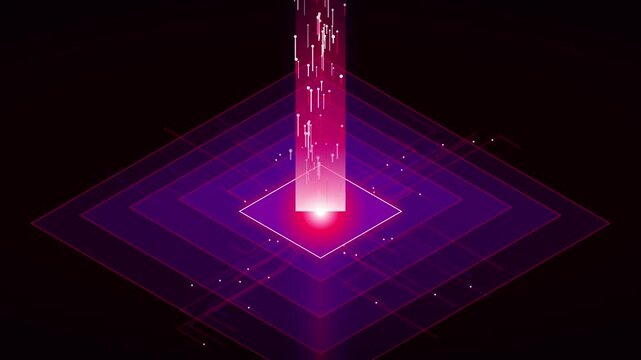 Abstract isometric digital pattern with glowing pink vertical data streams on dark background