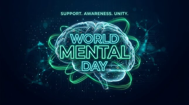 Digital illustration for World Mental Health Day with glowing brain and abstract network connections.