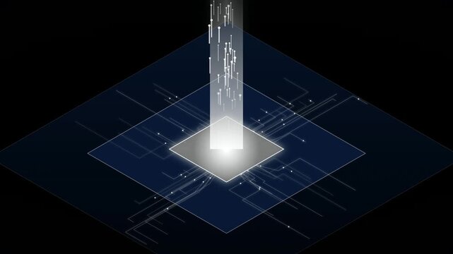 Isometric digital processor chips emitting vertical beams of light on dark blue circuit board background