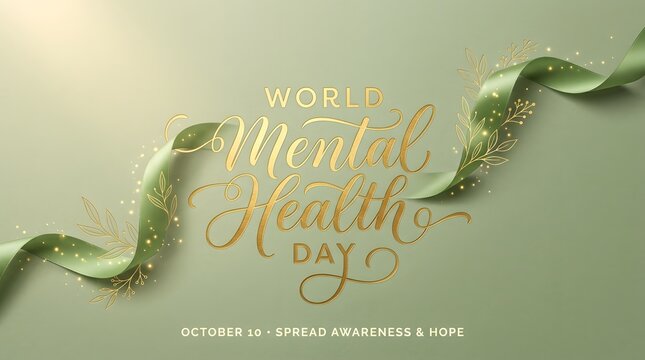 Elegant World Mental Health Day background with gold calligraphy and soft green ribbon design.