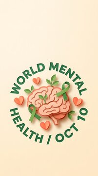World Mental Health Day awareness concept with paper brain and green ribbons.