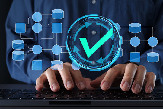 Data governance framework using data flow diagrams to support digital transformation and optimize information management. Enterprise process analysis and continuous improvement. Businessman typing.