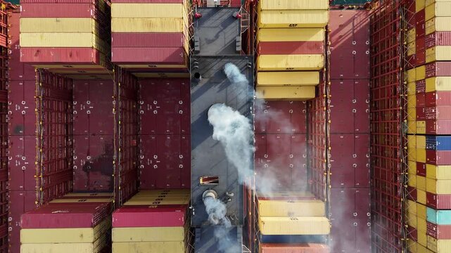 Smoke exhaust gas emissions carbondioxide from cargo lagre ship container ship,Marine diesel engine exhaust gas from combustion, Gas Emission Air Pollution from transportation. green house effect Eco.
