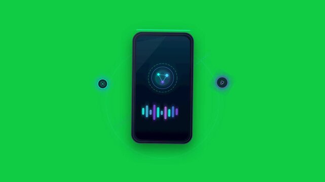 Animated smartphone voice assistant interface with glowing sound waves on green background