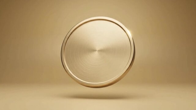 A polished gold 3D coin spins and floats against a warm beige studio backdrop.