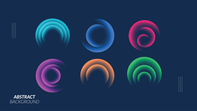 Abstract neon gradient spiral concentric circles vector set modern glowing wave geometric round elements collection on dark blue background 