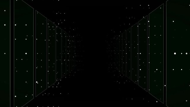 Abstract futuristic dark background with geometric hexagonal grid pattern and glowing particles