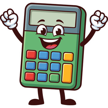 Cheerful green cartoon calculator character with happy facial expression raising arms in victory