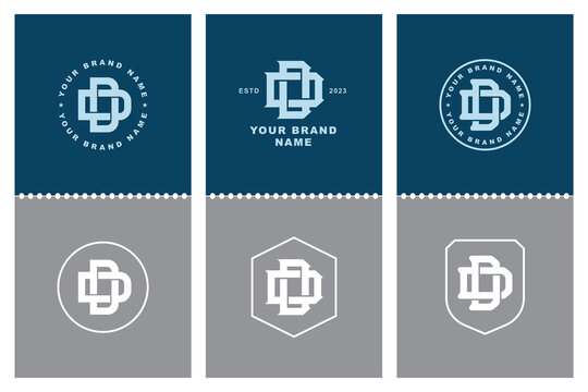 Set of interlaced letter DD monogram logo templates for vintage brand identity on blue and grey.