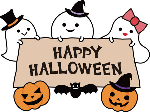 HAPPY HALLOWEENの木製看板を掲げる可愛いおばけとカボチャ