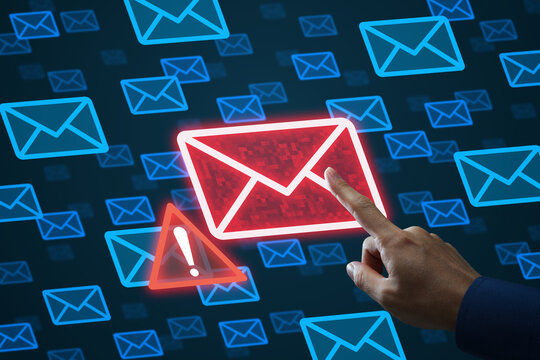 Email security system. Detecting and preventing cyber threats and ransomware. Spam filtering and phishing protection solution. Businessman touching red mail icon.