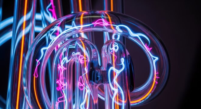 Neon gas discharge tubes glowing with blue pink and orange plasma electrical currents