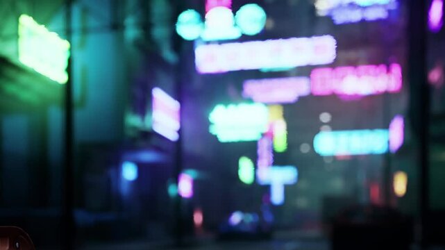 Colorful neon signs light up a street scene in the city at night. People walk around as these signs advertise various shops and restaurants. The atmosphere is lively and energetic.