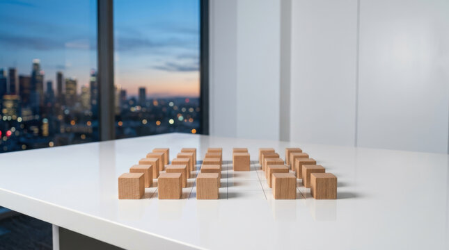 Wooden block arrangement on white table overlooking city skyline highlights staffing shortages and workforce planning challenges in modern business