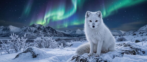 Fototapeta premium White Arctic Fox with Aurora Borealis in Winter Wilderness