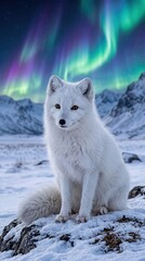 Fototapeta premium White Arctic Fox with Aurora Borealis in Winter Wilderness