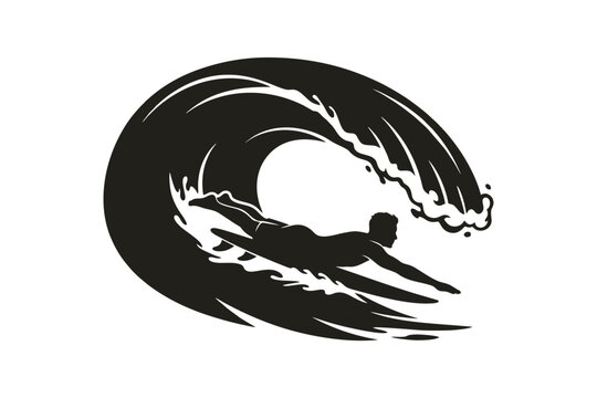 Surfer duck diving under a wave, lying low on surfboard with arms extended forward, dynamic surfing action, solid black vector silhouette, isolated white background