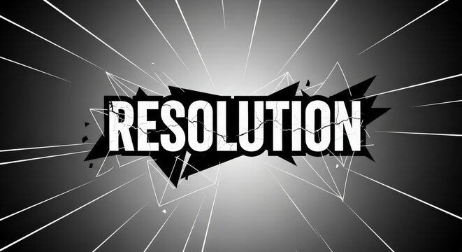Resolution text banner graphic with dynamic speed lines and geometric shapes on black gradient backdrop
