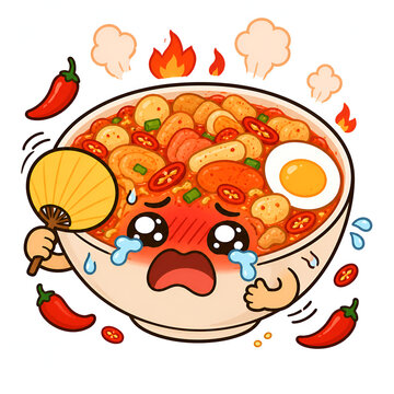  Cute kawaii spicy seblak crying from hot chili, funny Indonesian food character