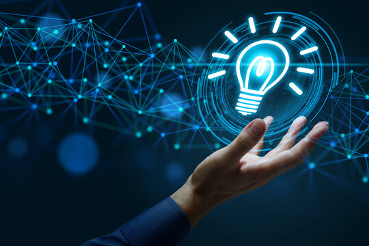 Knowledge management. Integrating data and information through intelligent networks to generate new ideas and drive business innovation. Businessman holding lightbulb icon.