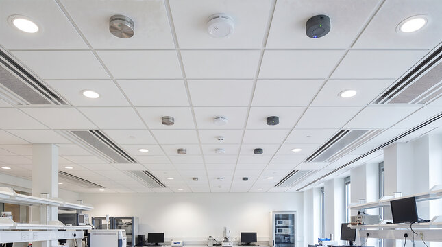 Modern commercial drop ceiling featuring recessed LED lighting, HVAC diffusers, smoke detectors, and smart building sensors above a bright laboratory space.