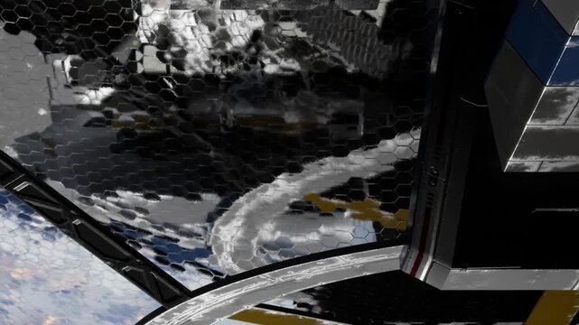 A view of the earth from a spacecraft in low earth orbit. The image features a hexagonal pattern and the planet below. A bright light reflects on the surface.
