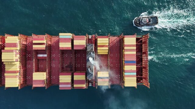 Smoke exhaust gas emissions carbondioxide from cargo lagre ship container ship,Marine diesel engine exhaust gas from combustion, Gas Emission Air Pollution from transportation. green house effect Eco.