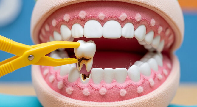 Dental model with decayed tooth being extracted by yellow plastic tweezers