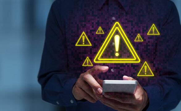 Warning about smartphone security risks. Security vulnerabilities and insecure data transmission. Man tapping malicious app or scam advertisement on mobile device.