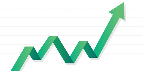 Obraz premium Green business growth arrow line graph vector illustration, upward trend stock chart on grid white background with copy space for financial success presentation slide, profit report, and banner.