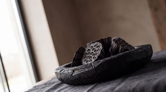 Dried Architectural Lotus Seed Pods In Charred Yakisugi Bowl