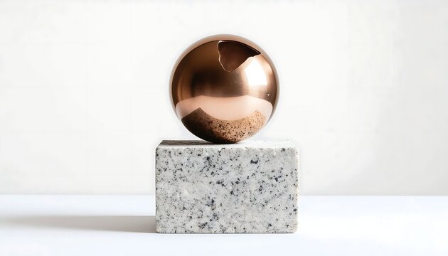 Copper sphere on speckled stone block, minimalist design
