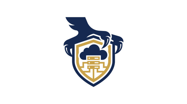 Cloud server protection logo depicting an eagle holding a digital infrastructure shield symbolizing cyber security.