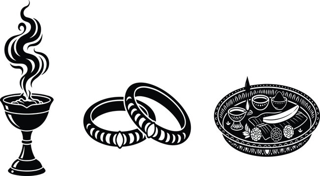 Traditional Indian cultural vector set featuring an incense burner, wedding bangles, and puja thali